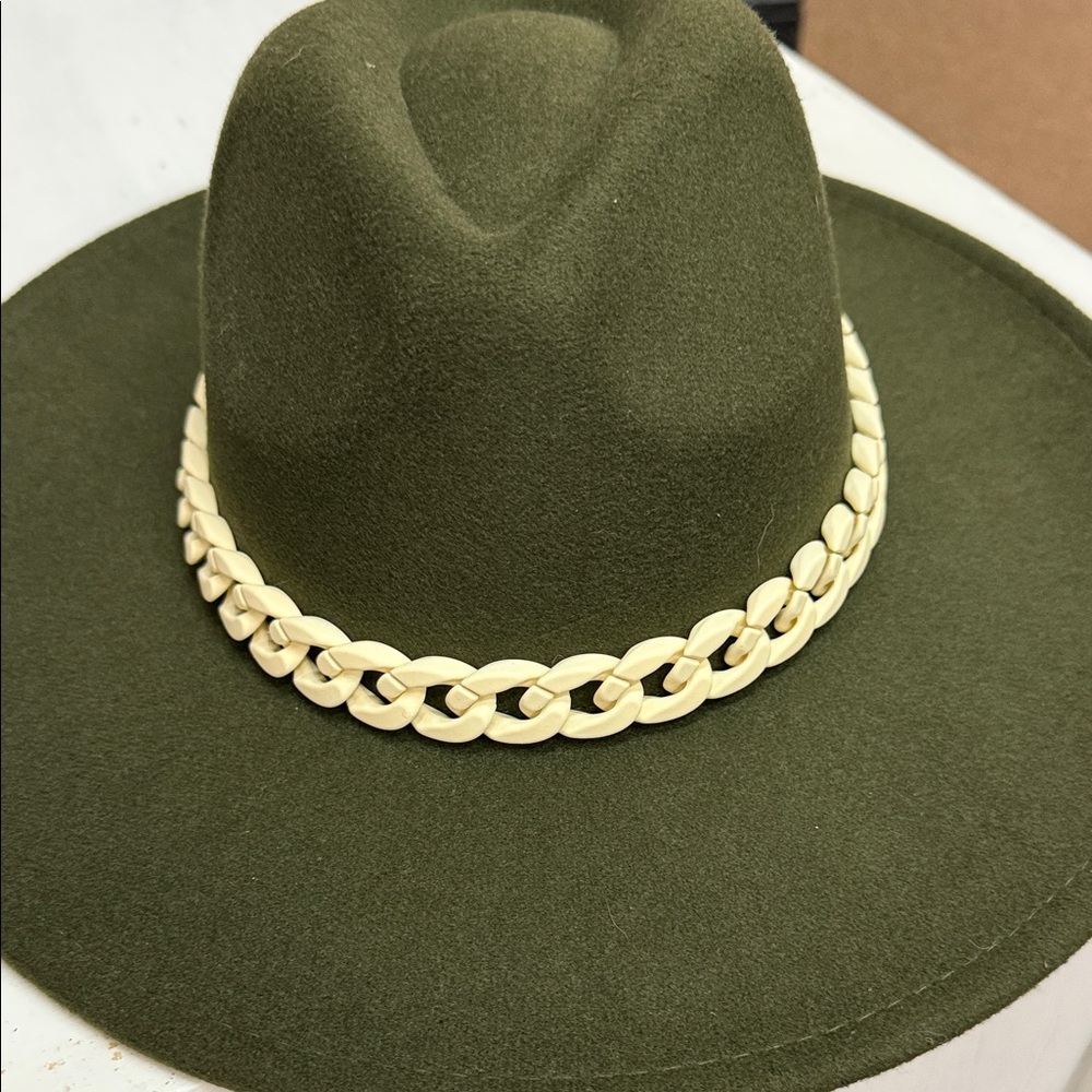 Olive Green Wool Felt Fedora with Cream Chain Accent